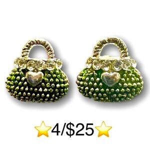 Purse Earrings Green Silver Tone Post Back Rhinestone Heart Handbag Stud Earring